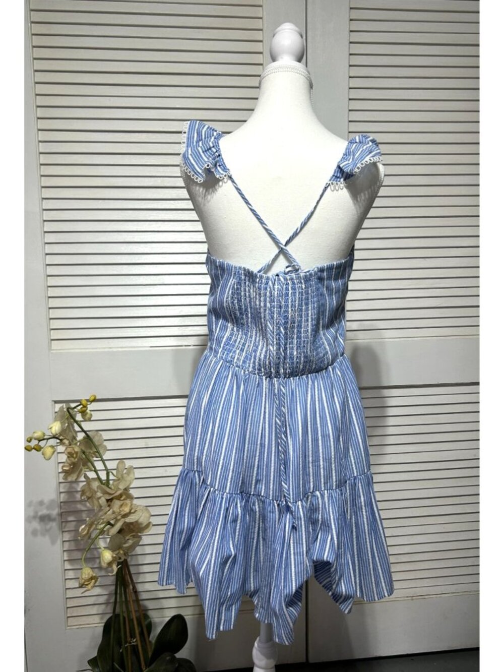 Anthropologie Seafolly Women's Blue White Striped Ruffle Sundress Size L 3302 - Picture 4 of 9